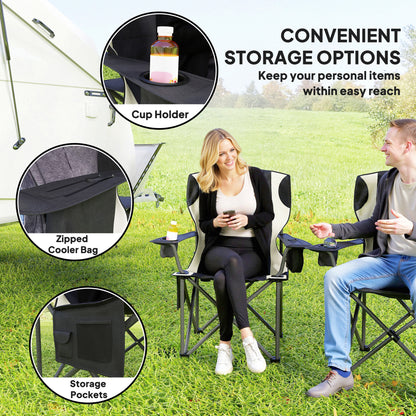 Outsunny Set of 2 Folding Camping Chairs, Padded Camping Chairs with Adjustable Armrests, Portable & Lightweight Folding Camp Chair with Cooler Bag, Cup Holder and Side Pockets