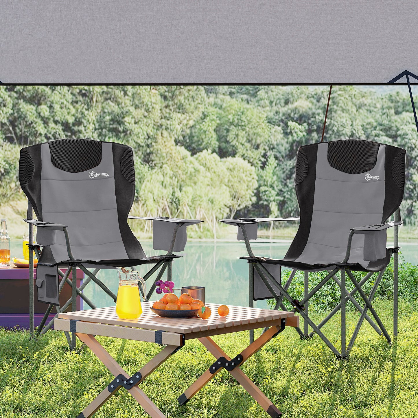 Outsunny Set of 2 Folding Camping Chairs, Padded Camping Chairs with Adjustable Armrests, Portable & Lightweight Folding Camp Chair with Cooler Bag, Cup Holder and Side Pockets