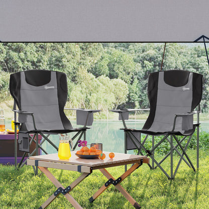 Outsunny Set of 2 Folding Camping Chairs, Padded Camping Chairs with Adjustable Armrests, Portable & Lightweight Folding Camp Chair with Cooler Bag, Cup Holder and Side Pockets