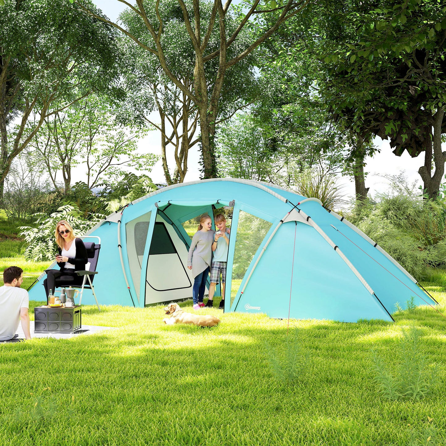 Outsunny 4-6 Man Family Camping Tent w/ 2 Bedrooms and a Living Room, Waterproof Tunnel Tent w/ Sewn In Groundsheet, Doors, Windows, Carry Bag