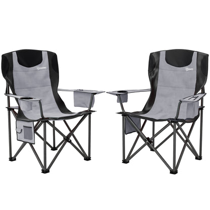 Outsunny Set of 2 Folding Camping Chairs, Padded Camping Chairs with Adjustable Armrests, Portable & Lightweight Folding Camp Chair with Cooler Bag, Cup Holder and Side Pockets
