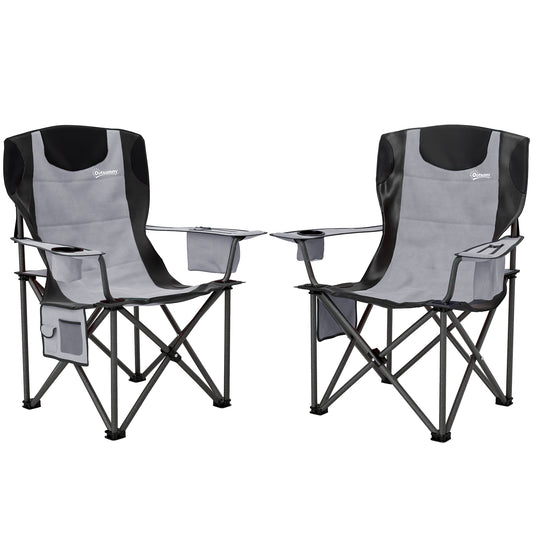 Outsunny Set of 2 Folding Camping Chairs, Padded Camping Chairs with Adjustable Armrests, Portable & Lightweight Folding Camp Chair with Cooler Bag, Cup Holder and Side Pockets