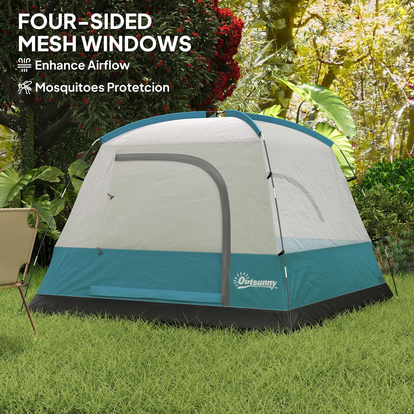 Outsunny 3-4 Person Camping Tent, Easy Set Up Waterproof Dome Tent with Sewn-in Groundsheet, Mesh Windows, Pocket and Hook for Camping, Hiking, Backpacking