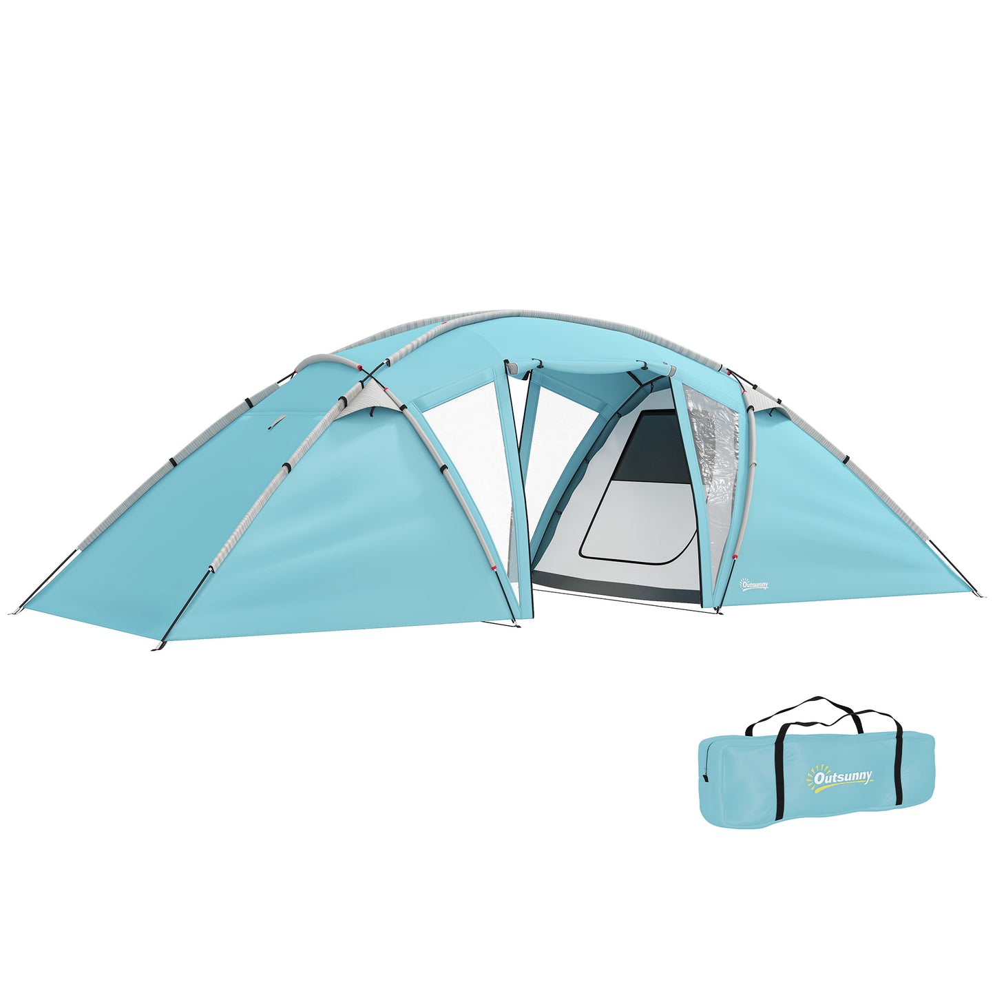 Outsunny 4-6 Man Family Camping Tent w/ 2 Bedrooms and a Living Room, Waterproof Tunnel Tent w/ Sewn In Groundsheet, Doors, Windows, Carry Bag