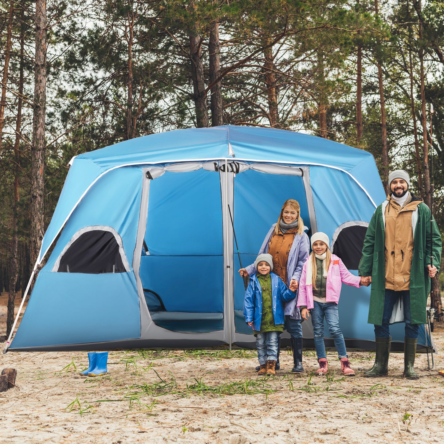 Outsunny 4-8 Person Camping Tent Family Tent with 2 Room, Mesh Windows, Easy Set Up for Backpacking, Hiking, Outdoor