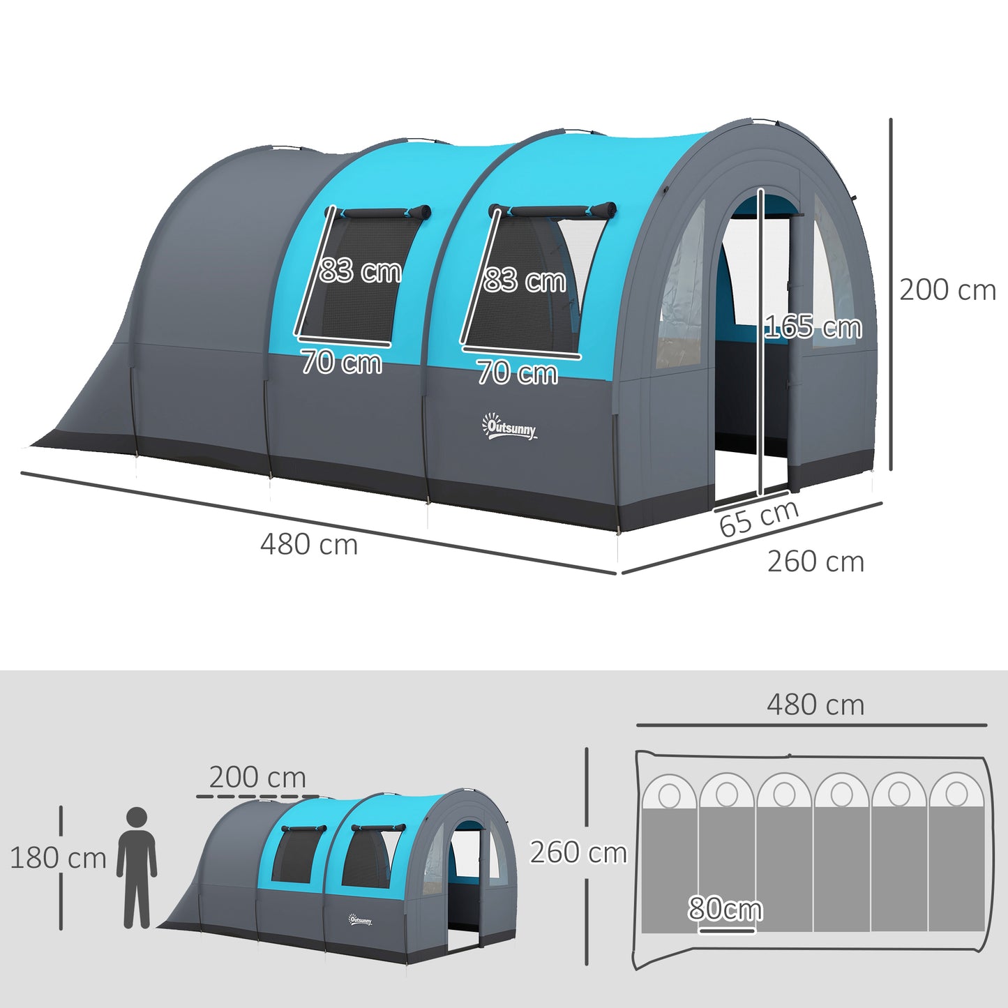 Outsunny Six Man Duo Room Tunnel Tent, with Accessories