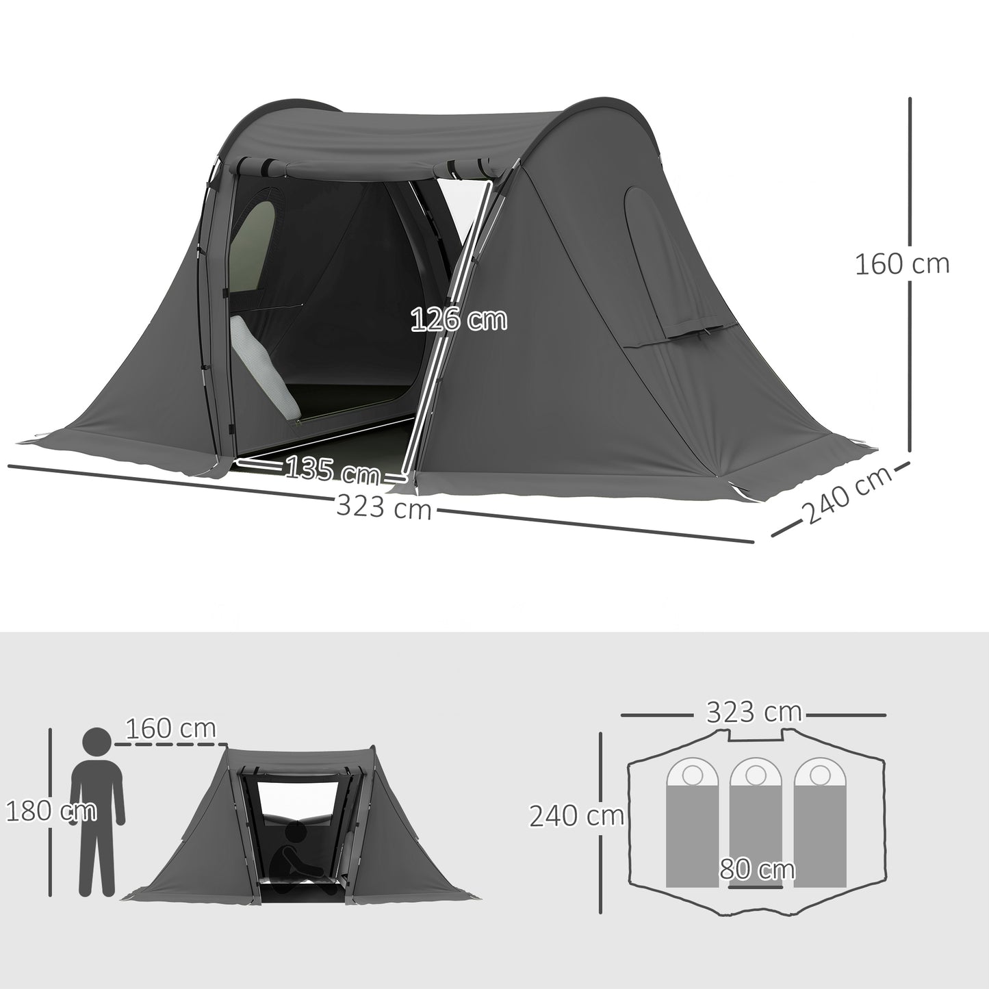 Outsunny 3 Man Camping Tent with Living Area and 2 Bedrooms, 3000mm Waterproof Family Tent with Sewn-in Groundsheet, Portable with Bag for Hiking, Festival, Backpacking