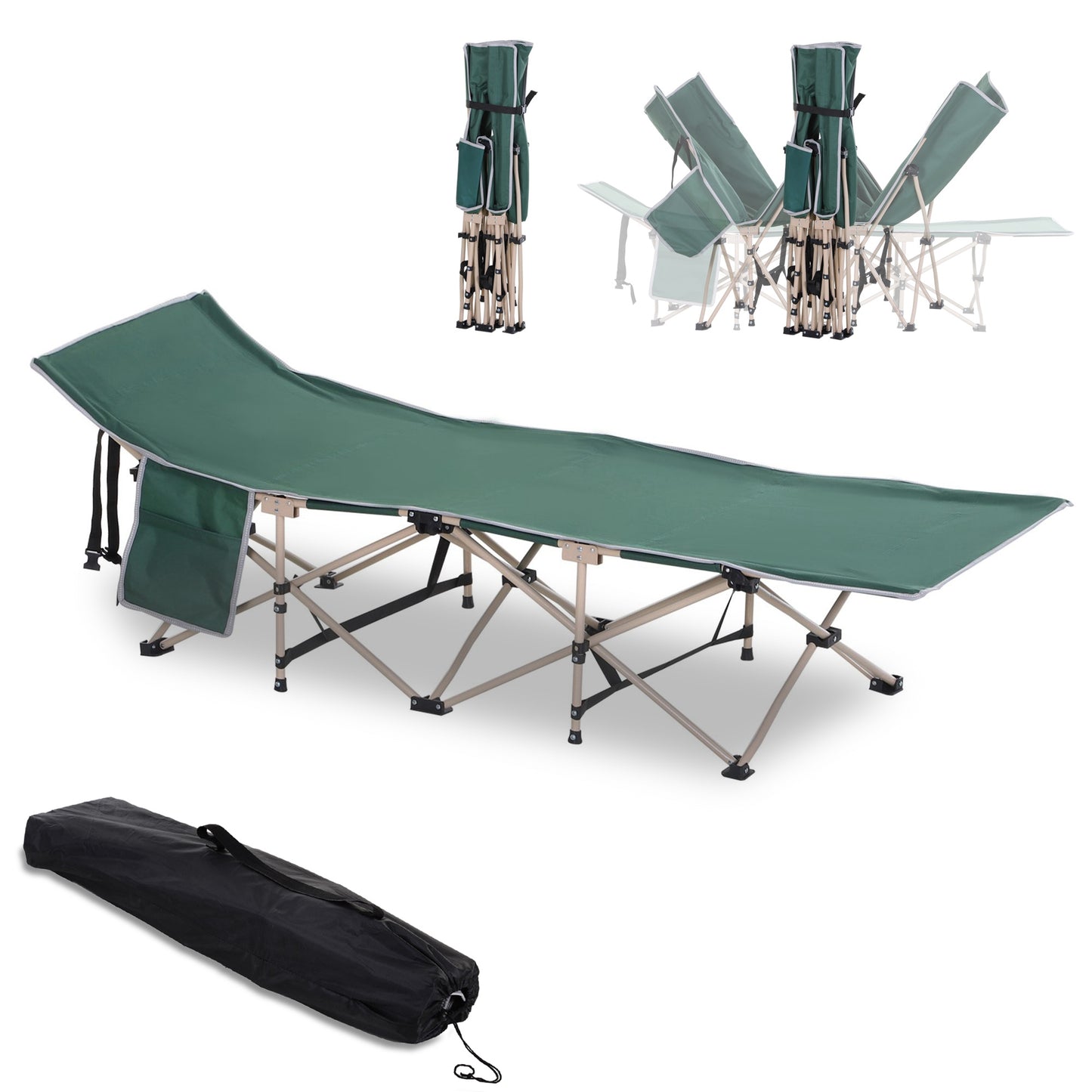 Outsunny Single Person Camping Bed Folding Cot Outdoor Patio Portable Military Sleeping Bed Travel Guest Leisure Fishing with Side Pocket and Carry Bag