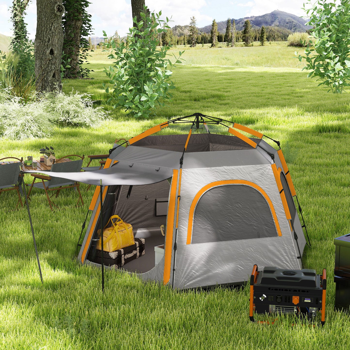 Outsunny Instant Camping Tent, 2/3/4 Person Easy Setup Dome Family Tent with Vestibule, Rainfly, 4 Mesh Windows & 2 Doors, Hexagonal Design, Waterproof & UV Protected