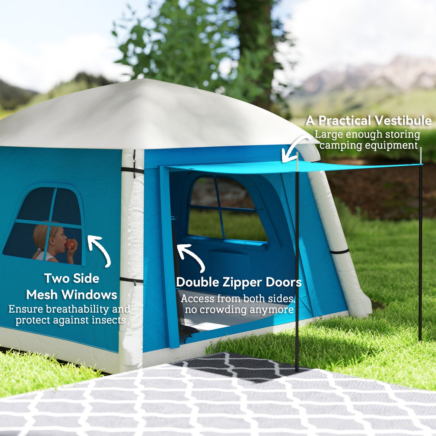 Outsunny Inflatable Camping Tent w/ Hand Pump, Easy Setup 1/2 Person Blow Up Tent Waterproof 190T Taffeta w/ Mesh Windows, Doors and Carry Bag