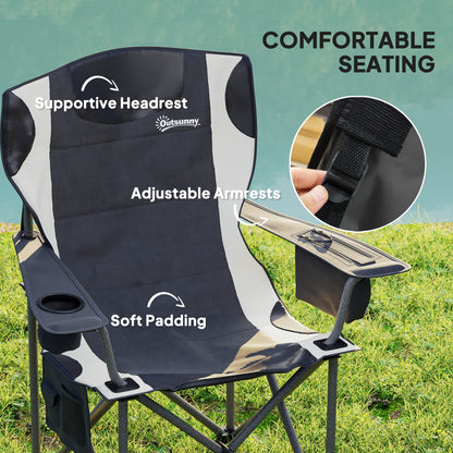 Outsunny Set of 2 Folding Camping Chairs, Padded Camping Chairs with Adjustable Armrests, Portable & Lightweight Folding Camp Chair with Cooler Bag, Cup Holder and Side Pockets