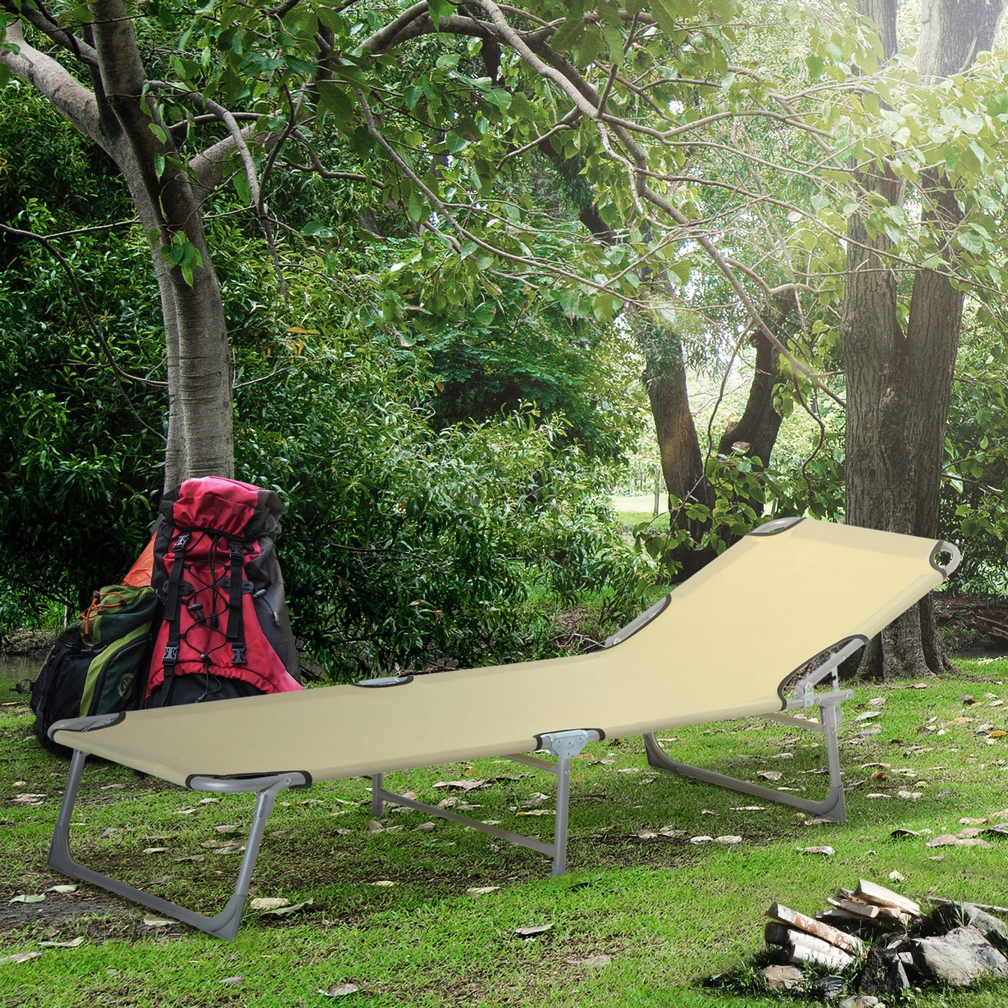 Outsunny Reclining Sun Lounger Chair Folding Camping Bed with 4-Position Adjustable Backrest, for Travel Indoor Outdoor Office Fishing