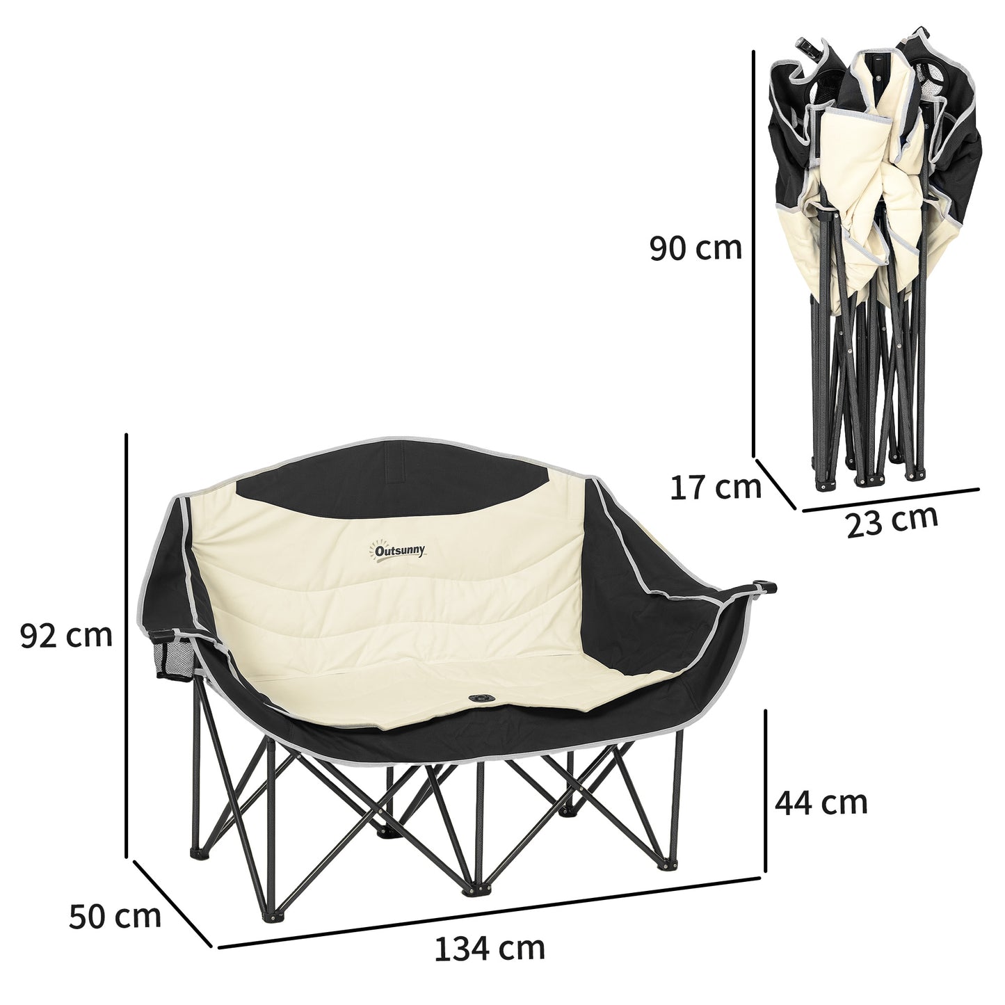 Outsunny Double Camping Chair for Adults, Oversized Heavy Duty Padded Folding Chair with Armrests, Cup Holders and Carry Bag for Outdoor Camping Hiking Picnic Fishing, 250kg Capacity