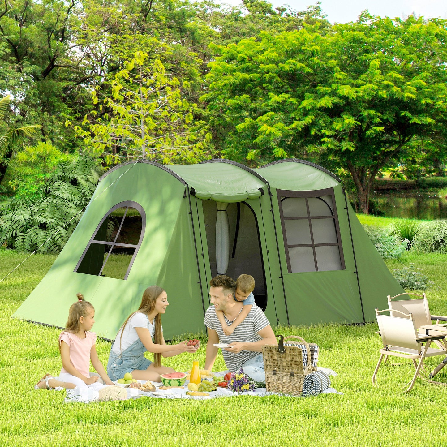 Outsunny 3-4 Man Tunnel Tent, Family Camping Tent with Porch, Bedroom and Living Area, Sewn in Groundsheet, 3000mm Waterproof, Portable with Bag for Hiking, Festival, Backpacking