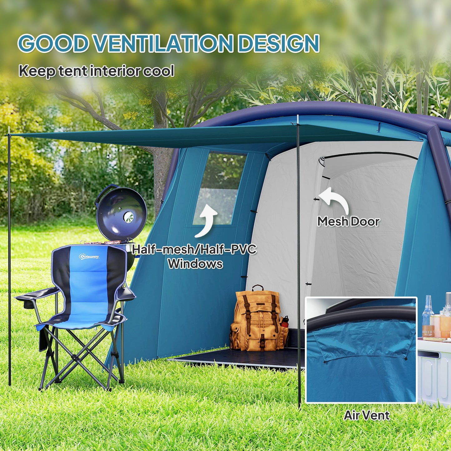 Outsunny Inflatable 3-4 Man Tunnel Tent w/ Air Pump, Living Area & Vestibule, Waterproof Family Camping Air Tent w/ Sewn In Groundsheet & Removable Footprint for Camping, Hiking