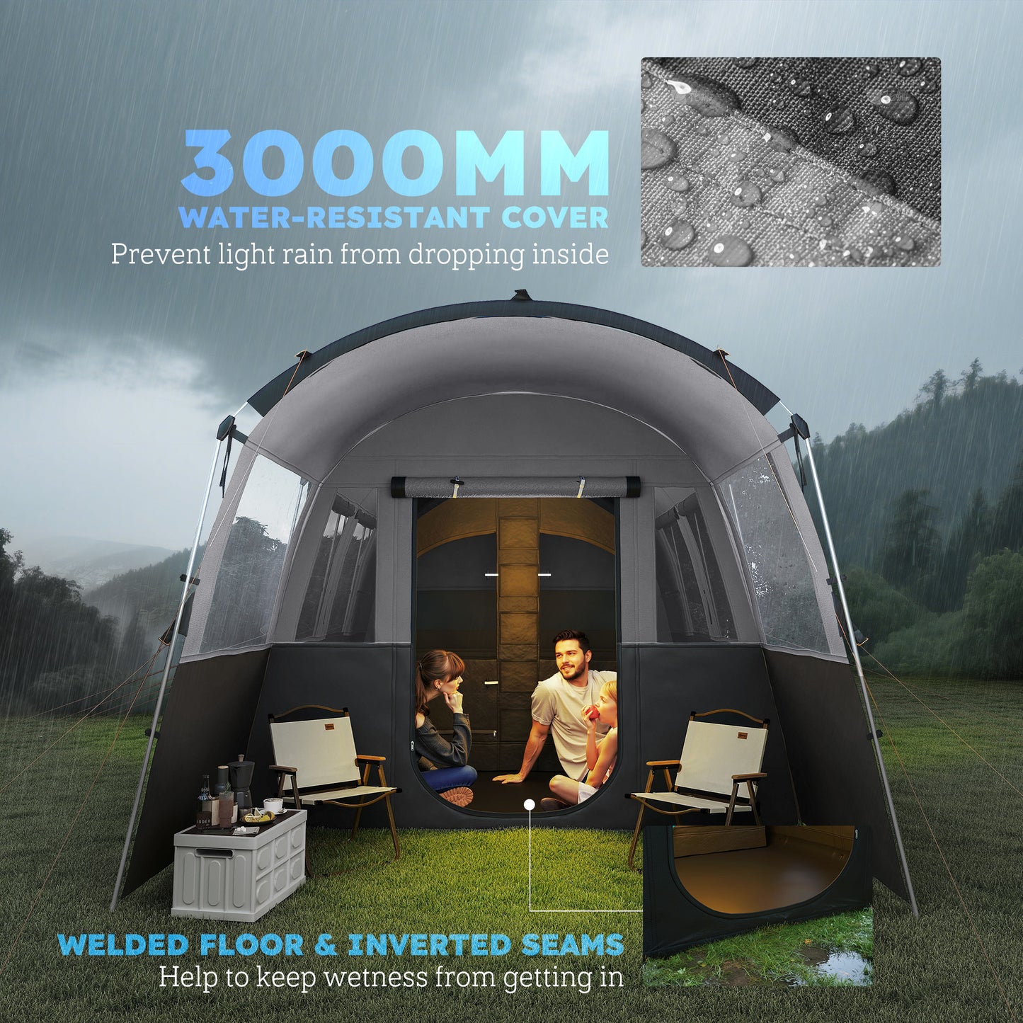 Outsunny 8-Person Camping Tent, Waterproof Family Tent, Tunnel Design, 4 Large Windows, Sleeping Cabins 3000mm Water Column