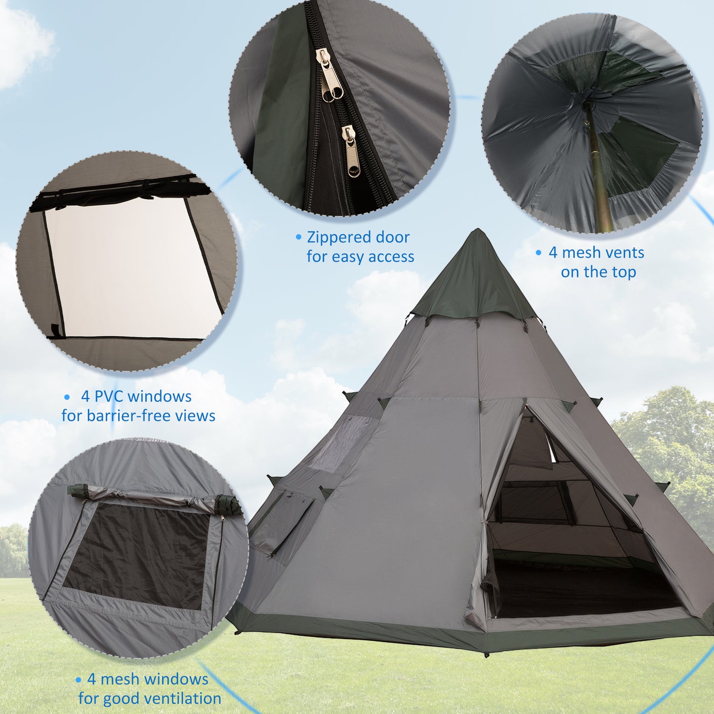 Outsunny 6 Men Tipi Tent with Carry Bag