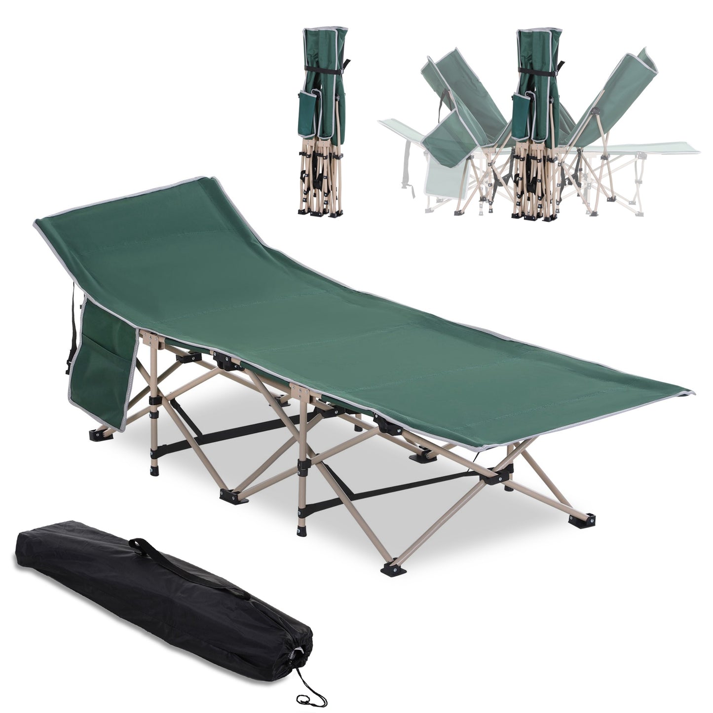 Outsunny Single Person Camping Bed Folding Cot Outdoor Patio Portable Military Sleeping Bed Travel Guest Leisure Fishing with Side Pocket and Carry Bag
