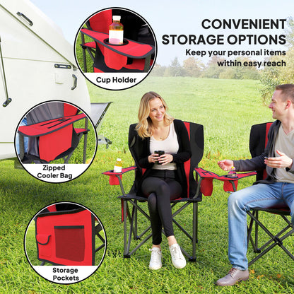 Outsunny Set of 2 Folding Camping Chairs, Padded Camping Chairs with Adjustable Armrests, Portable & Lightweight Folding Camp Chair with Cooler Bag, Cup Holder and Side Pockets