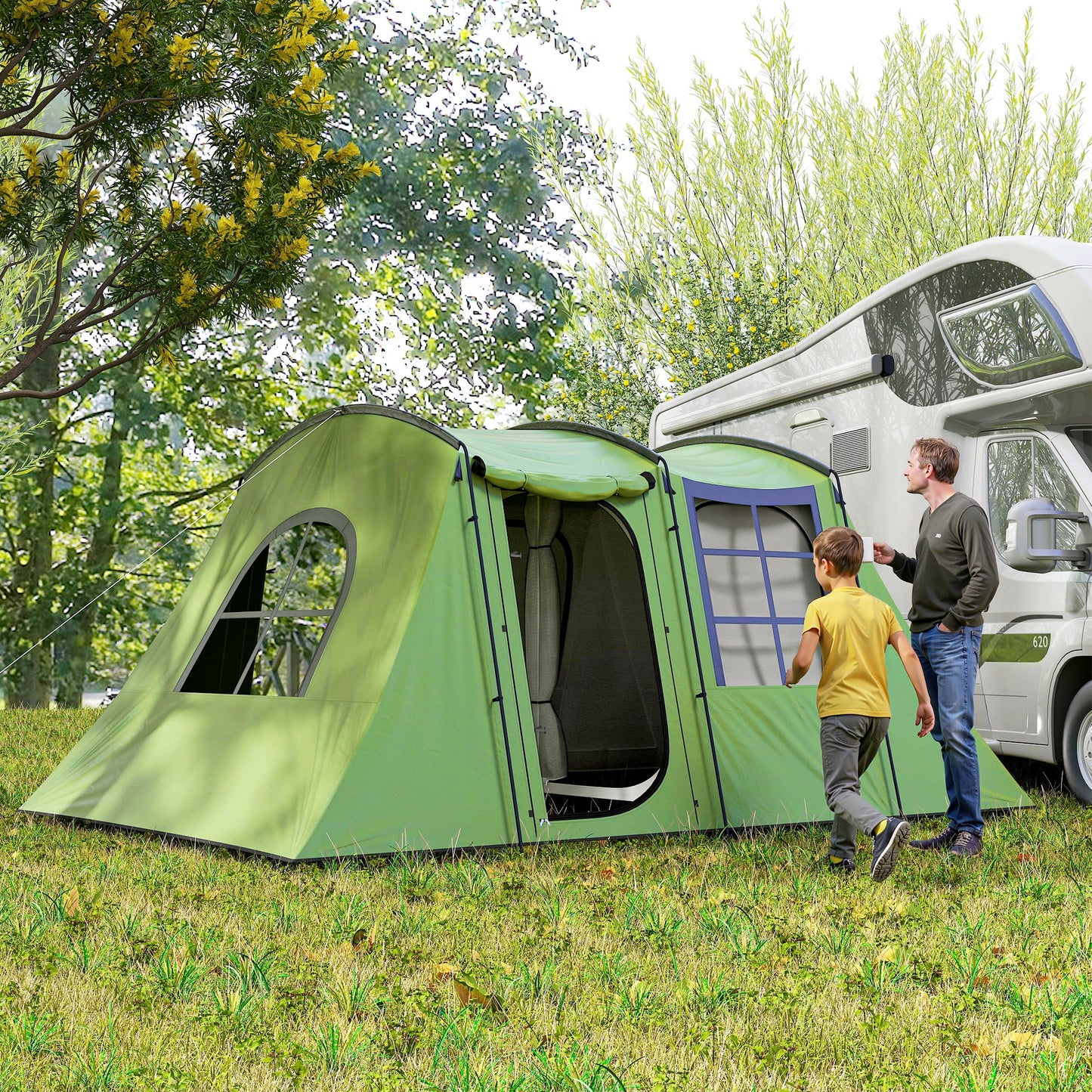 Outsunny 3-4 Man Tunnel Tent, Family Camping Tent with Porch, Bedroom and Living Area, Sewn in Groundsheet, 3000mm Waterproof, Portable with Bag for Hiking, Festival, Backpacking