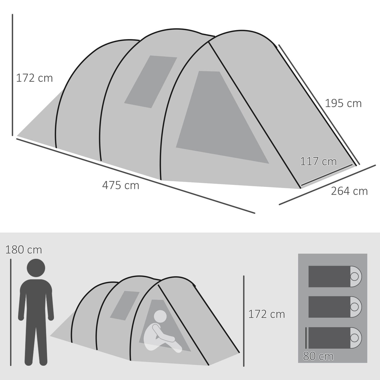 Outsunny Two Room Tunnel Tent Camping Tent for  3-4 Man with Windows, Covers, Carry Bag, for Fishing, Hiking, Sports