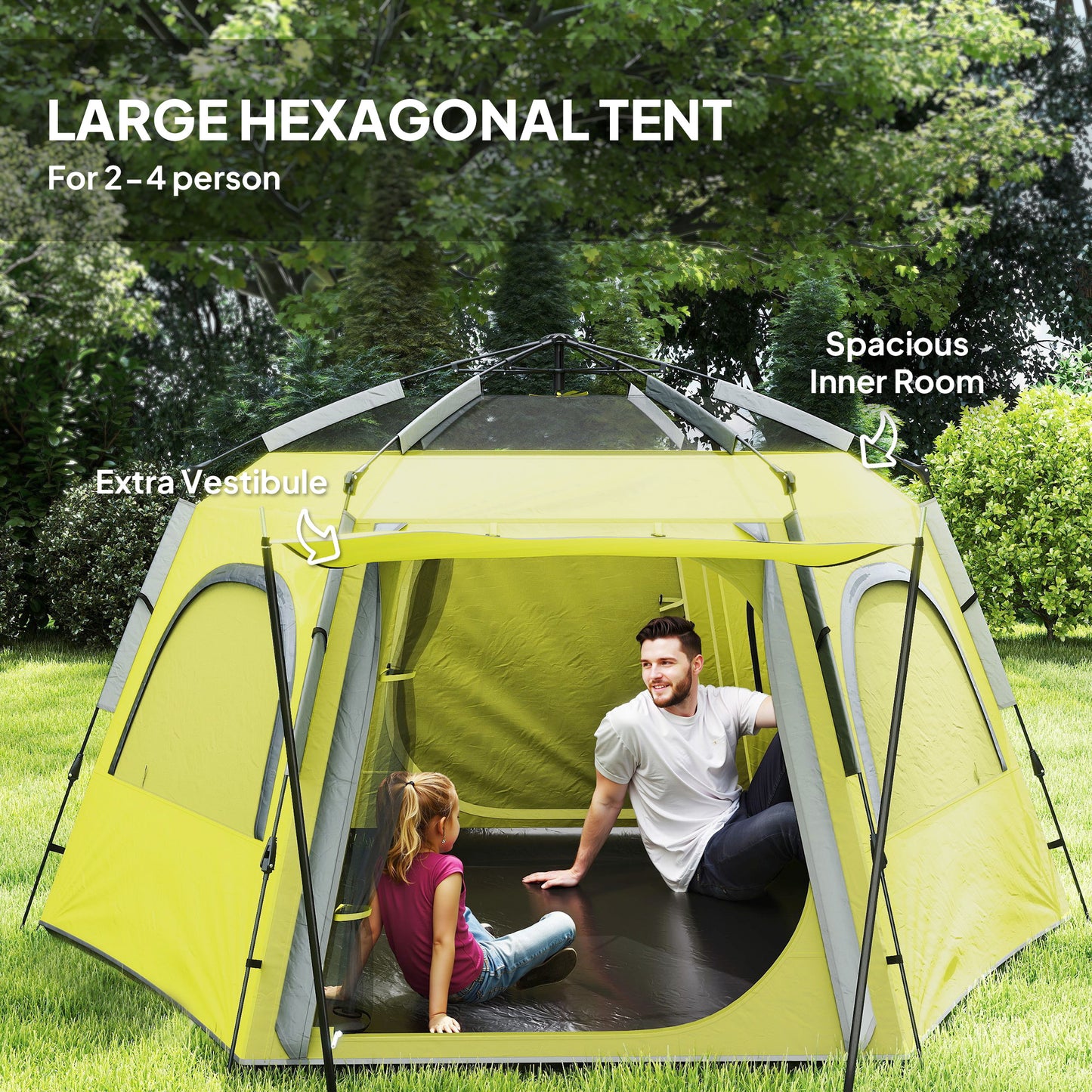 Outsunny Instant Camping Tent, 2/3/4 Person Easy Setup Dome Family Tent with Vestibule, Rainfly, 4 Mesh Windows & 2 Doors, Hexagonal Design, Waterproof & UV Protected
