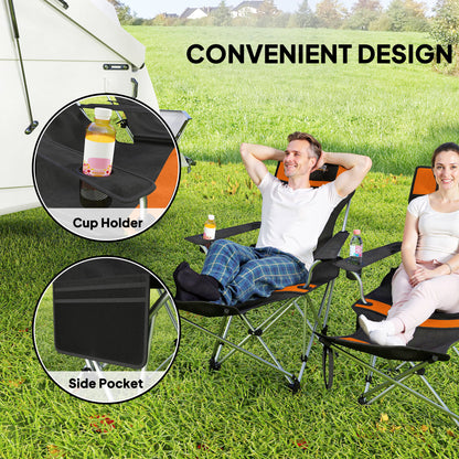 Outsunny Set of 2 Reclining Folding Camping Chair w/ Detachable Footrest, Storage Bag, Cup Holder & Headrest, Lightweight Portable Camp Chair for Beach, Picnic