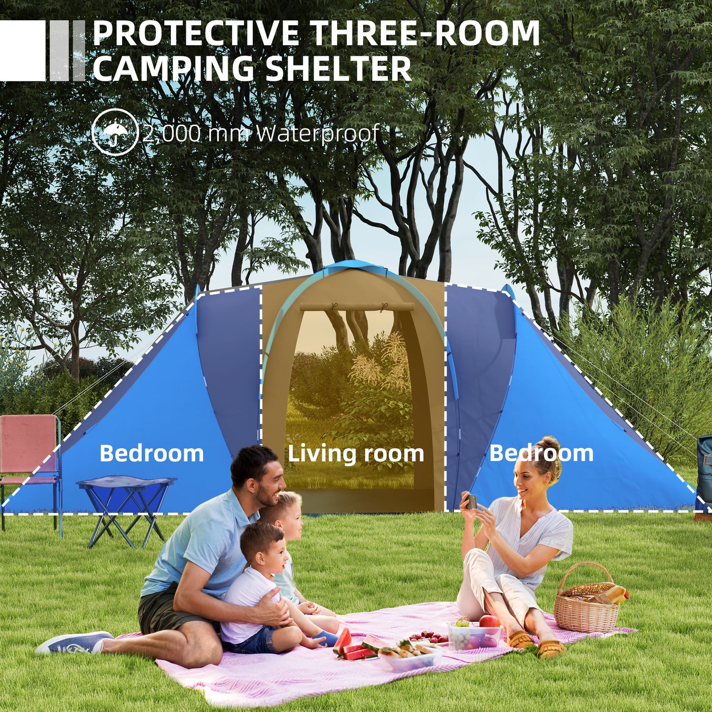 Outsunny Large Camping Tent Tunnel Tent with 2 Bedroom and Living Area, 2000mm Waterproof, Portable with Bag for 4-6 Man