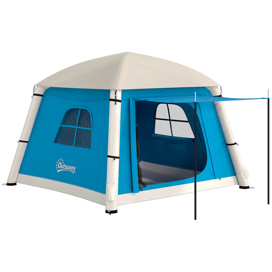 Outsunny Inflatable Camping Tent w/ Hand Pump, Easy Setup 1/2 Person Blow Up Tent Waterproof 190T Taffeta w/ Mesh Windows, Doors and Carry Bag