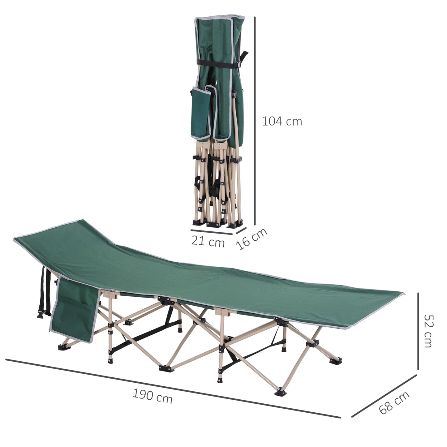 Outsunny Single Person Camping Bed Folding Cot Outdoor Patio Portable Military Sleeping Bed Travel Guest Leisure Fishing with Side Pocket and Carry Bag