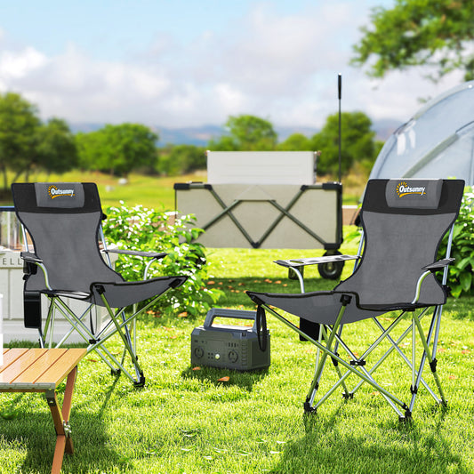 Outsunny Set of 2 Reclining Folding Camping Chair w/ Detachable Footrest, Storage Bag, Cup Holder & Headrest, Lightweight Portable Camp Chair for Beach, Picnic