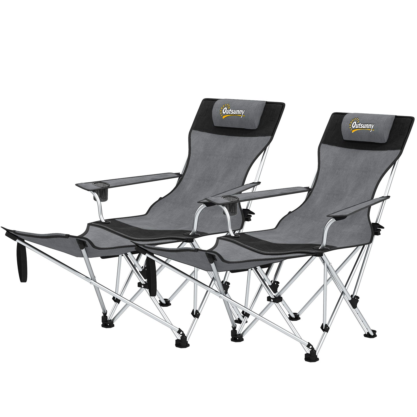 Outsunny Set of 2 Reclining Folding Camping Chair w/ Detachable Footrest, Storage Bag, Cup Holder & Headrest, Lightweight Portable Camp Chair for Beach, Picnic