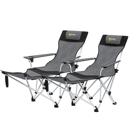Outsunny Set of 2 Reclining Folding Camping Chair w/ Detachable Footrest, Storage Bag, Cup Holder & Headrest, Lightweight Portable Camp Chair for Beach, Picnic