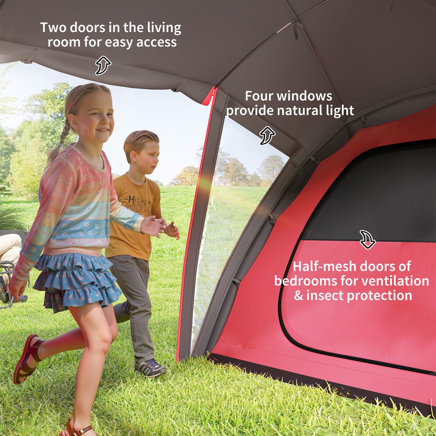 Outsunny 4-6 Man Family Camping Tent w/ 2 Bedrooms and a Living Room, Waterproof Tunnel Tent w/ Sewn In Groundsheet, Doors, Windows, Carry Bag