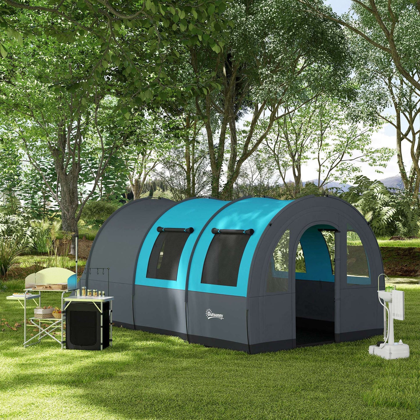 Outsunny Six Man Duo Room Tunnel Tent, with Accessories