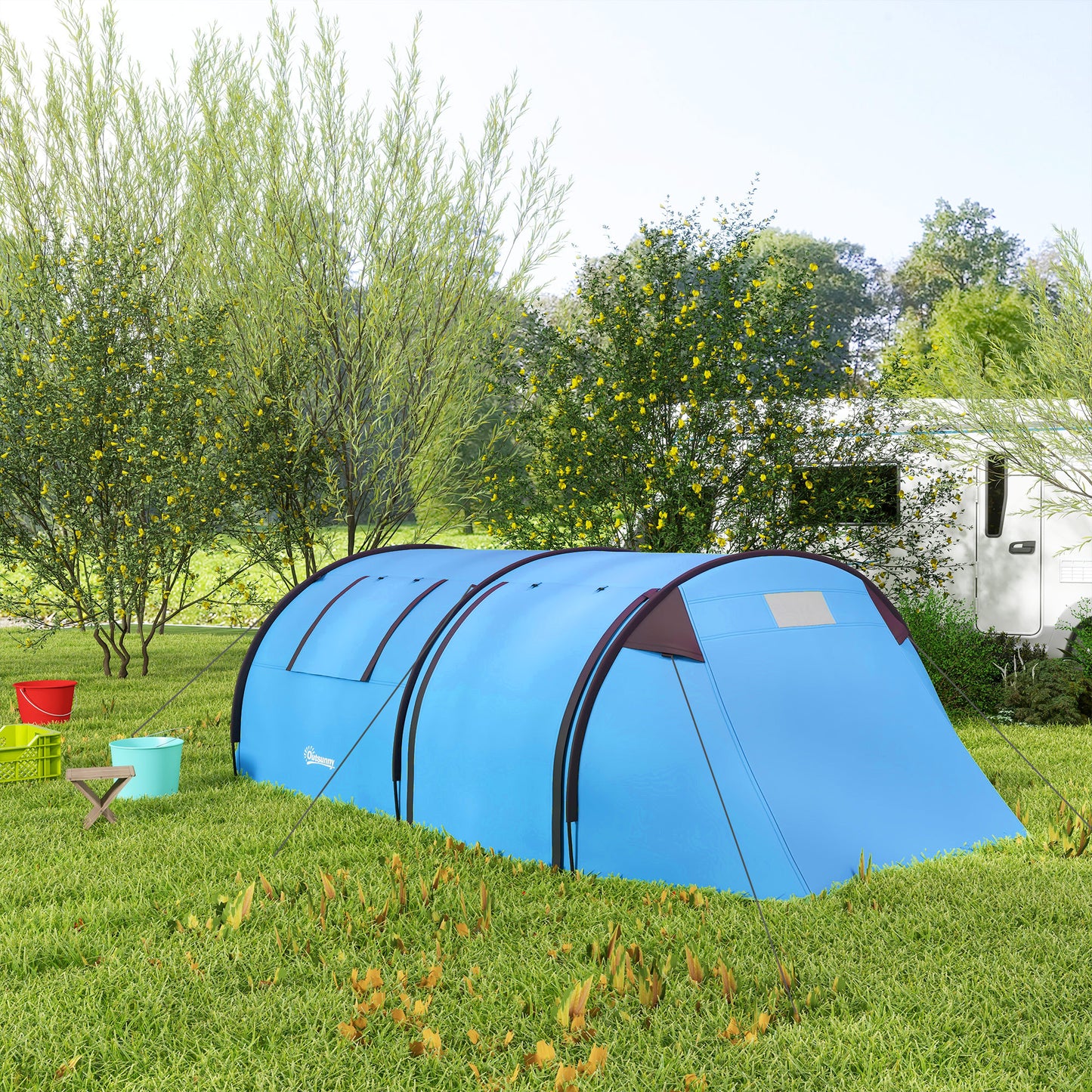 Outsunny Four Man Duo Room Tunnel Tent, with Accessories