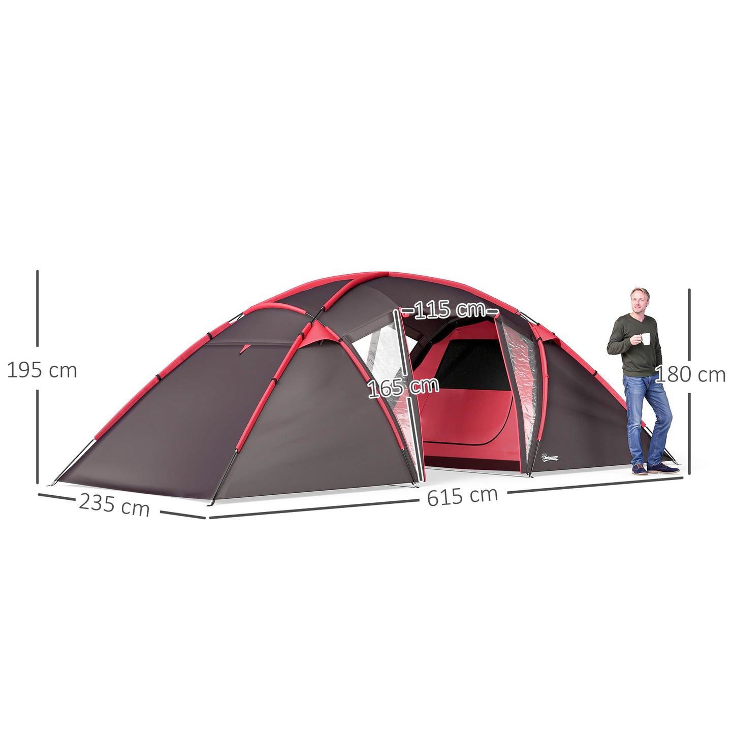 Outsunny 4-6 Man Family Camping Tent w/ 2 Bedrooms and a Living Room, Waterproof Tunnel Tent w/ Sewn In Groundsheet, Doors, Windows, Carry Bag