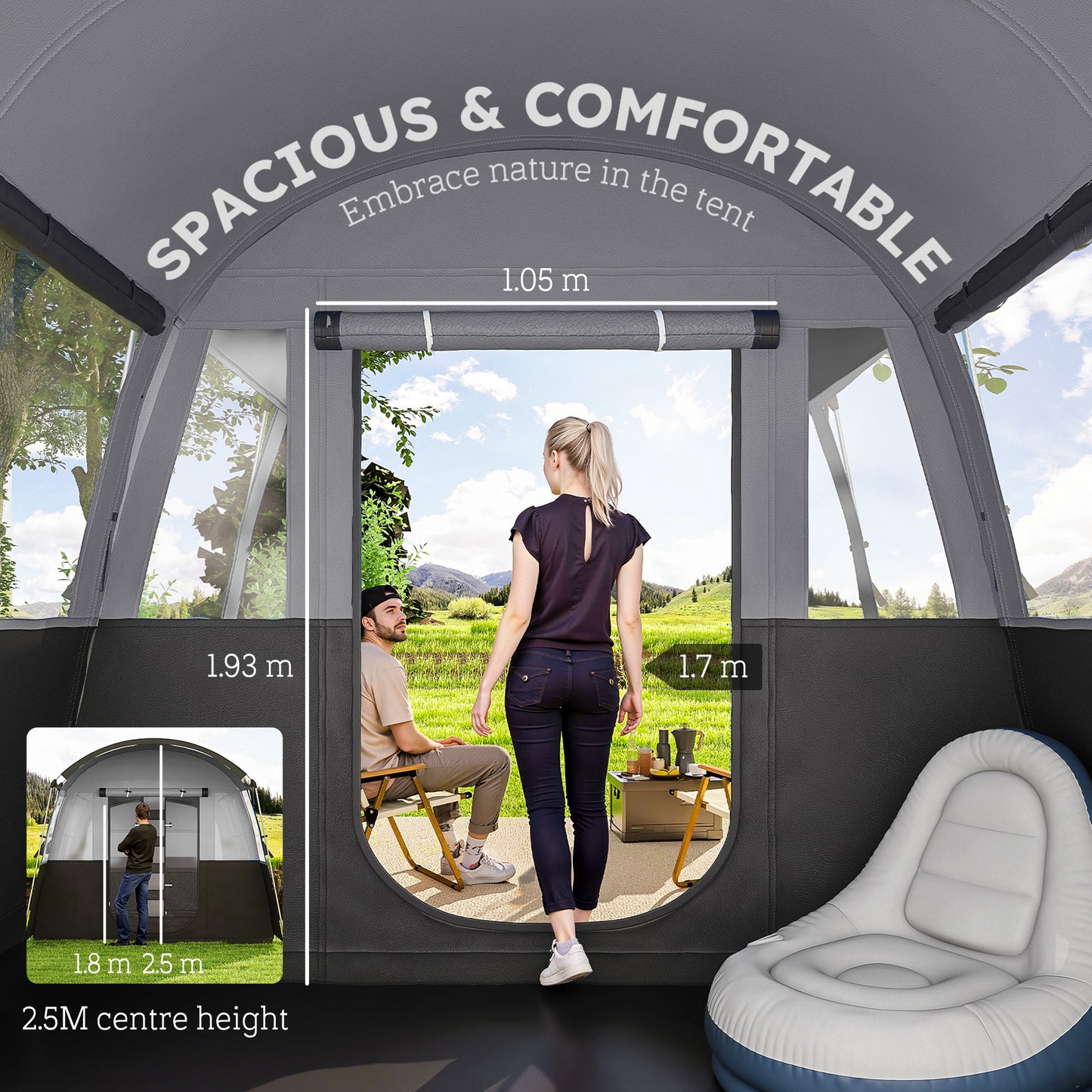 Outsunny 8-Person Camping Tent, Waterproof Family Tent, Tunnel Design, 4 Large Windows, Sleeping Cabins 3000mm Water Column