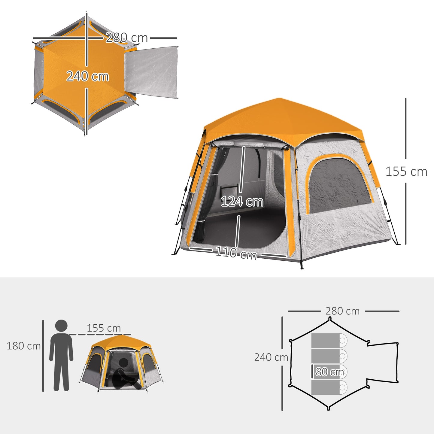 Outsunny Instant Camping Tent, 2/3/4 Person Easy Setup Dome Family Tent with Vestibule, Rainfly, 4 Mesh Windows & 2 Doors, Hexagonal Design, Waterproof & UV Protected