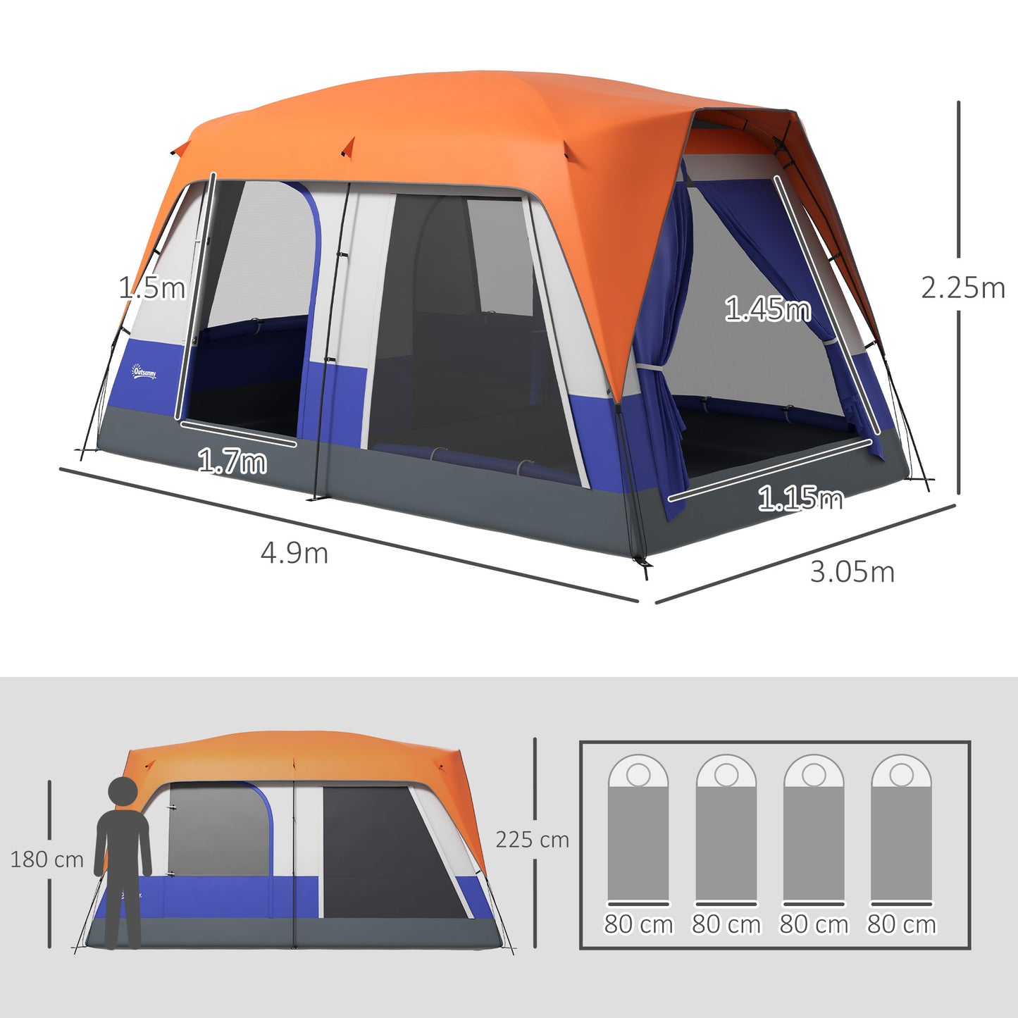 Outsunny Six-Man Camping Tent, with Small Rainfly and Accessories