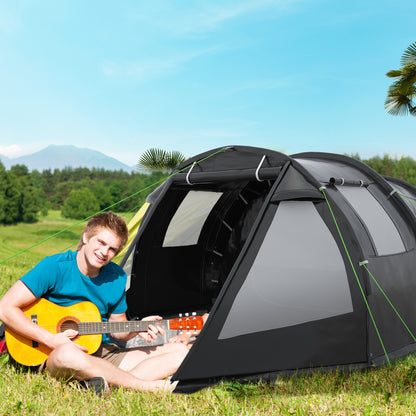 Outsunny 3-4 Man Tunnel Tent, Two Room Camping Tent with Windows and Covers, Portable Carry Bag, for Fishing, Hiking, Sports, Festival