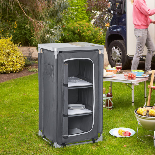 Outsunny 3-Shelf Camping Cupboard Camping Kitchen Station Cook Table, Storage Organiser for BBQ Party Picnics Backyards with Carrying Bag