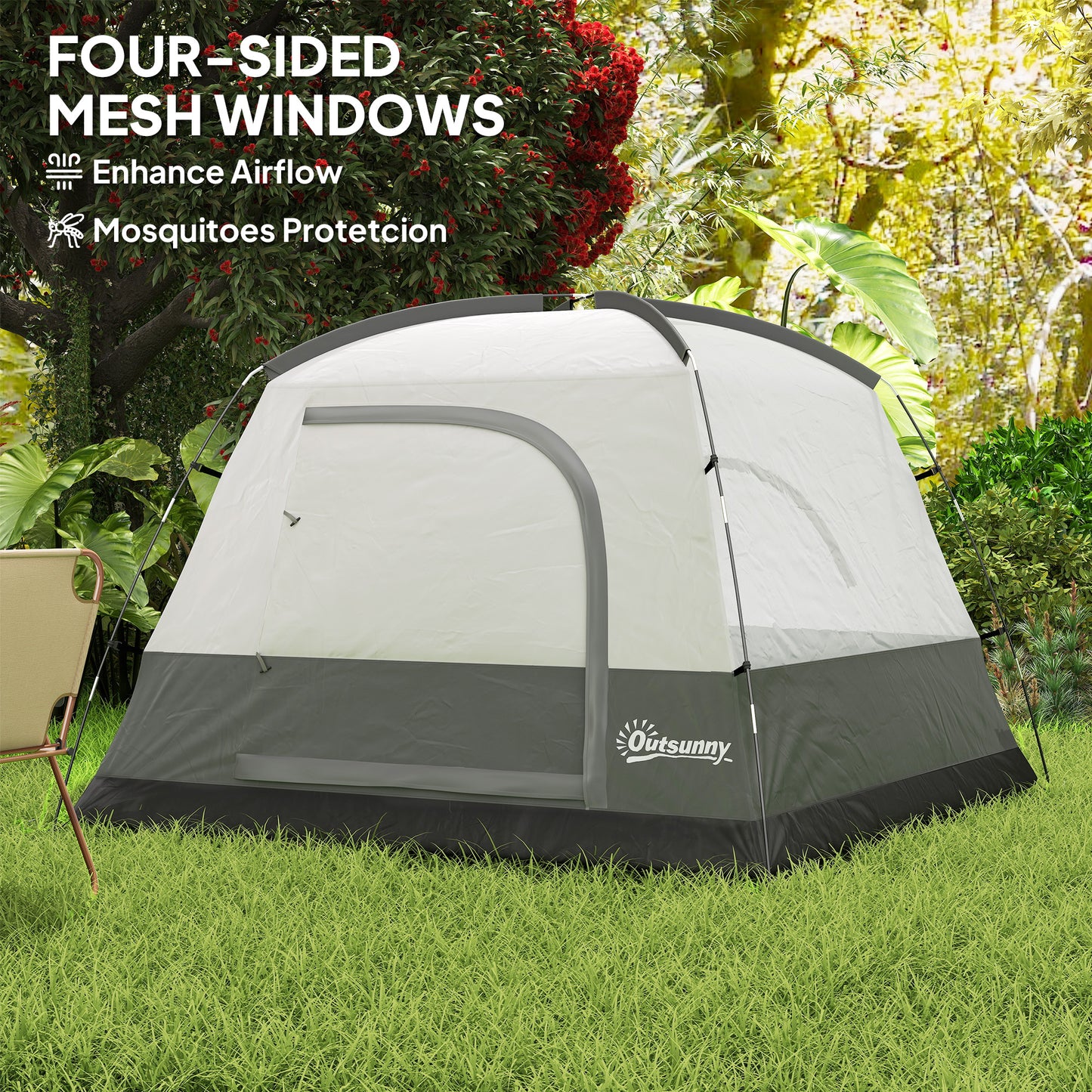 Outsunny 3-4 Person Camping Tent, Easy Set Up Waterproof Dome Tent with Sewn-in Groundsheet, Mesh Windows, Pocket and Hook for Camping, Hiking, Backpacking