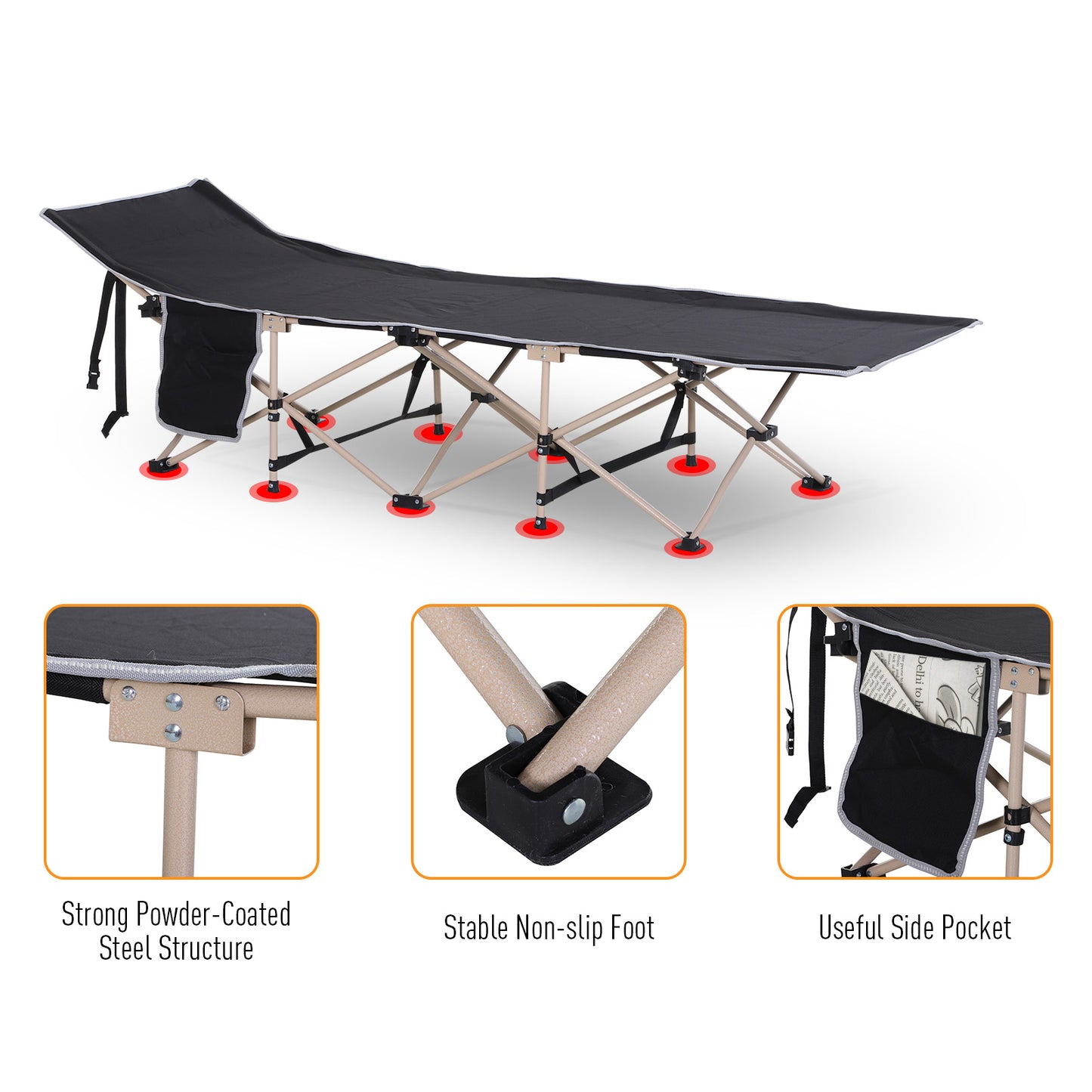 Outsunny Single Person Camping Bed Folding Cot Outdoor Patio Portable Military Sleeping Bed Travel Guest Leisure Fishing with Side Pocket and Carry Bag