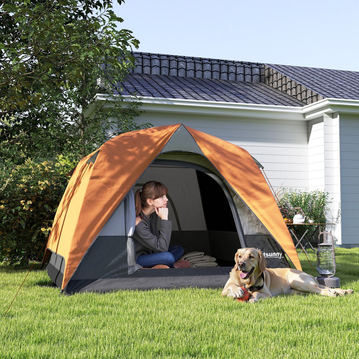 Outsunny 3-4 Person Camping Tent, Easy Set Up Waterproof Dome Tent with Sewn-in Groundsheet, Mesh Windows, Pocket and Hook for Camping, Hiking, Backpacking