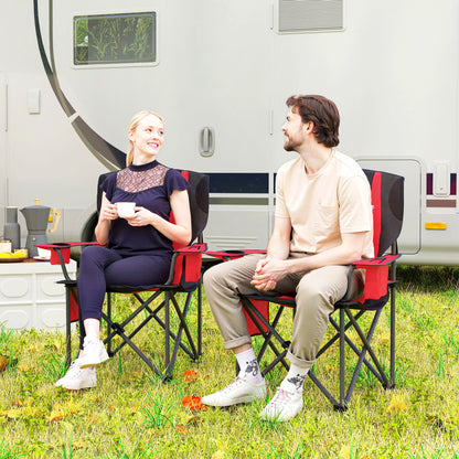 Outsunny Set of 2 Folding Camping Chairs, Padded Camping Chairs with Adjustable Armrests, Portable & Lightweight Folding Camp Chair with Cooler Bag, Cup Holder and Side Pockets
