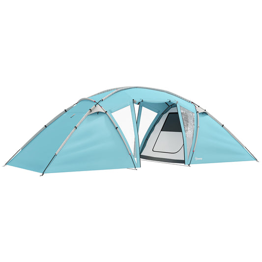 Outsunny 4-6 Man Family Camping Tent w/ 2 Bedrooms and a Living Room, Waterproof Tunnel Tent w/ Sewn In Groundsheet, Doors, Windows, Carry Bag