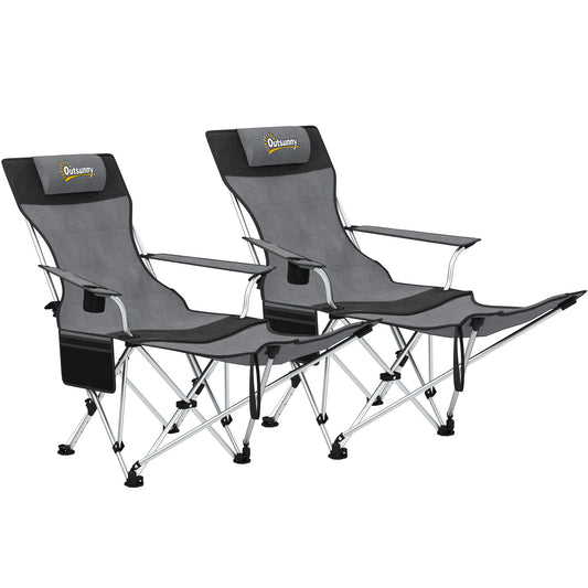 Outsunny Set of 2 Reclining Folding Camping Chair w/ Detachable Footrest, Storage Bag, Cup Holder & Headrest, Lightweight Portable Camp Chair for Beach, Picnic
