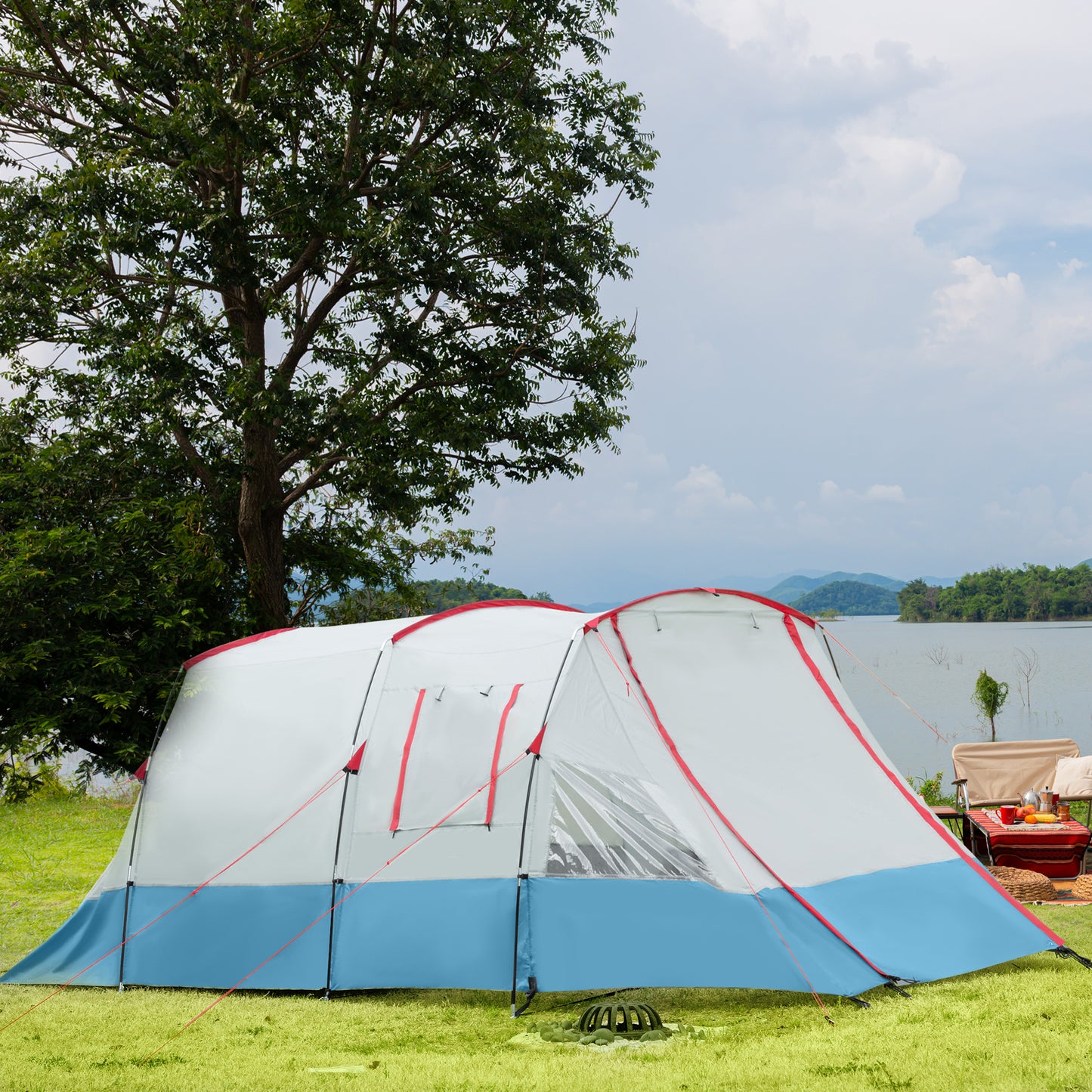 Outsunny 6-8 Person Tunnel Tent, Camping Tent with Bedroom, Living Room, Sewn-in Floor, 3 Doors and Carry Bag, 2000mm Water Column for Fishing, Hiking, Sports, and Traveling