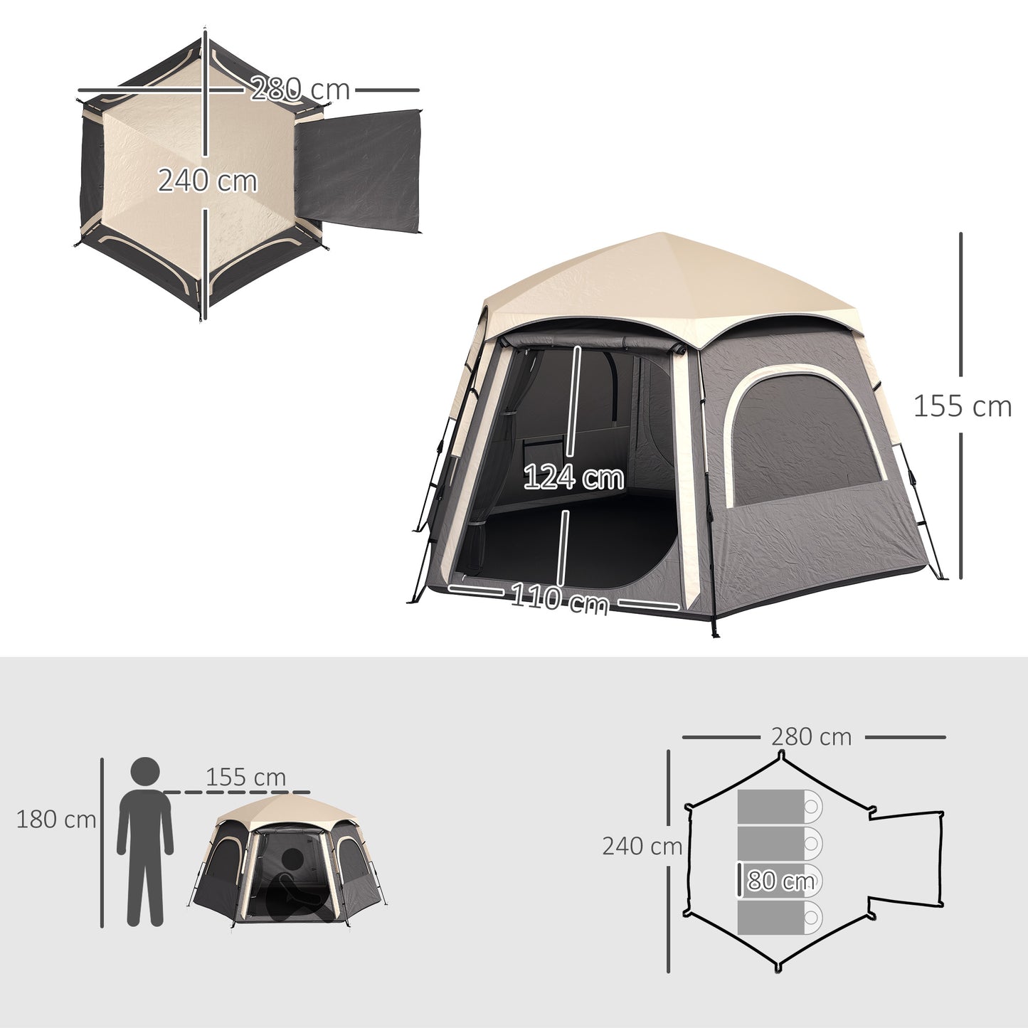 Outsunny Instant Camping Tent, 2/3/4 Person Easy Setup Dome Family Tent with Vestibule, Rainfly, 4 Mesh Windows & 2 Doors, Hexagonal Design, Waterproof & UV Protected